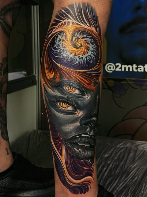 Tatuagem de realismo colorido com rosto feminino e espiral cósmica na perna, tatuador na Tijuca RJ